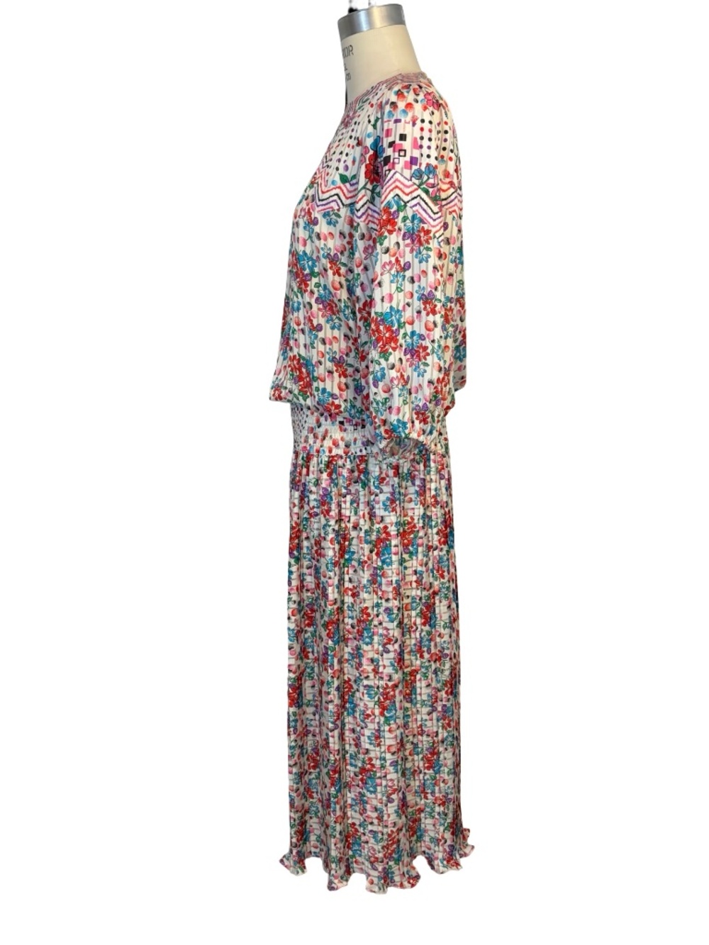Vintage 80s Diane Freis Floral Print Dress Ruched Waist Mini Pleat Skirt - LG - Picture 5 of 10